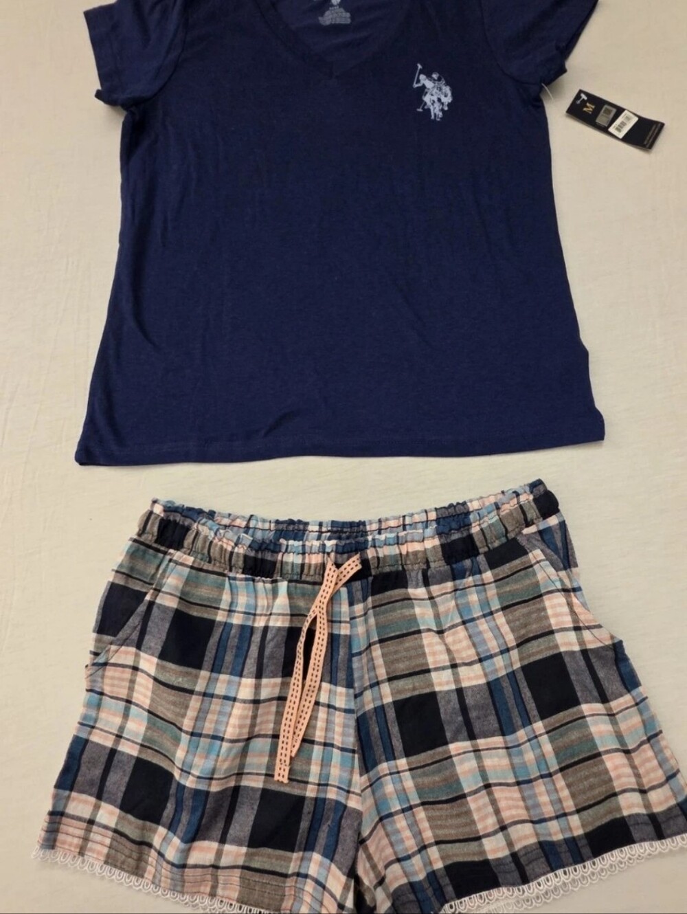 U.S. Polo Assn. Navy and Light Blue Plaid Sleep Shorts with Blush Drawstring